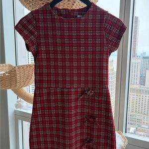 Classic Red Plaid Kids Dress with shorts and Bow Accents.